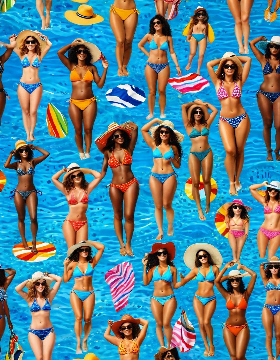 A vibrant beach scene showcasing diverse individuals wearing trendy thongs and bikinis, soaking up the sun. Different styles and patterns displayed prominently, set against a backdrop of sparkling waves and a bright blue sky. Include beach accessories like sun hats, sunglasses, and colorful beach towels to enhance the summer vibe. Emphasize a feeling of joy and relaxation. super-realistic. vibrant colors. beach setting.