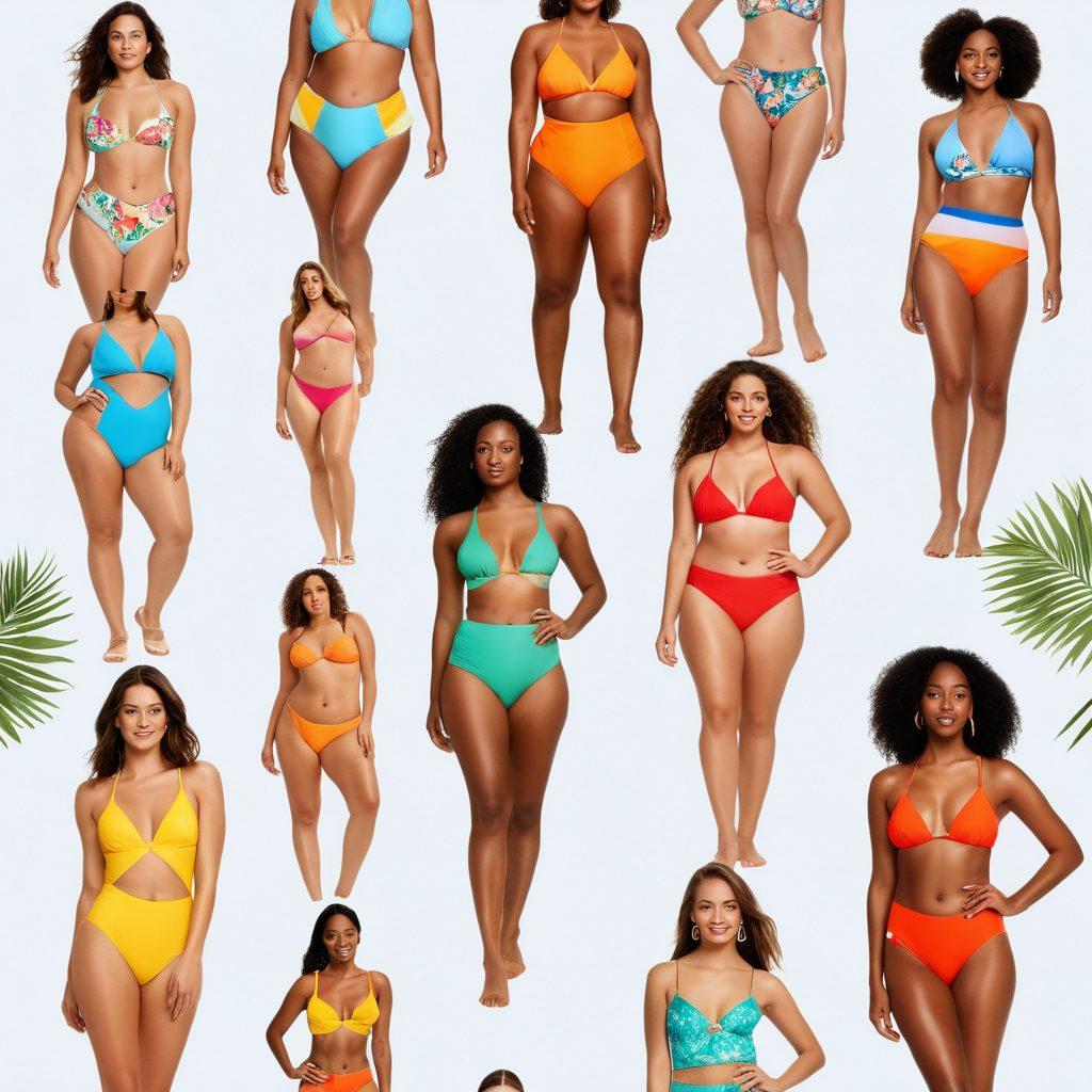 An array of diverse models showcasing various swimwear styles on a picturesque beach, highlighting body positivity and inclusivity. The scene should feature vibrant beach umbrellas, tropical plants, and crystal-clear waves in the background. Incorporate a split view showing casual swimwear transitioning to elegant couture styles. The colors should be bright and inviting, capturing the essence of summer. super-realistic. vibrant colors. white background.
